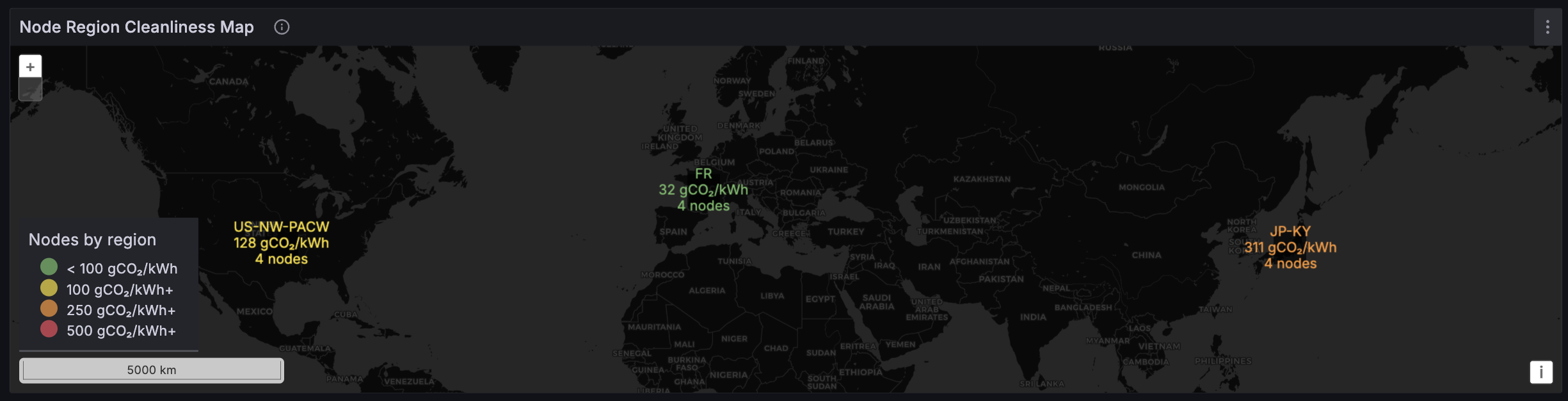 Regional Node Cleanliness — bubble geomap colored by grid carbon intensity per electricity zone